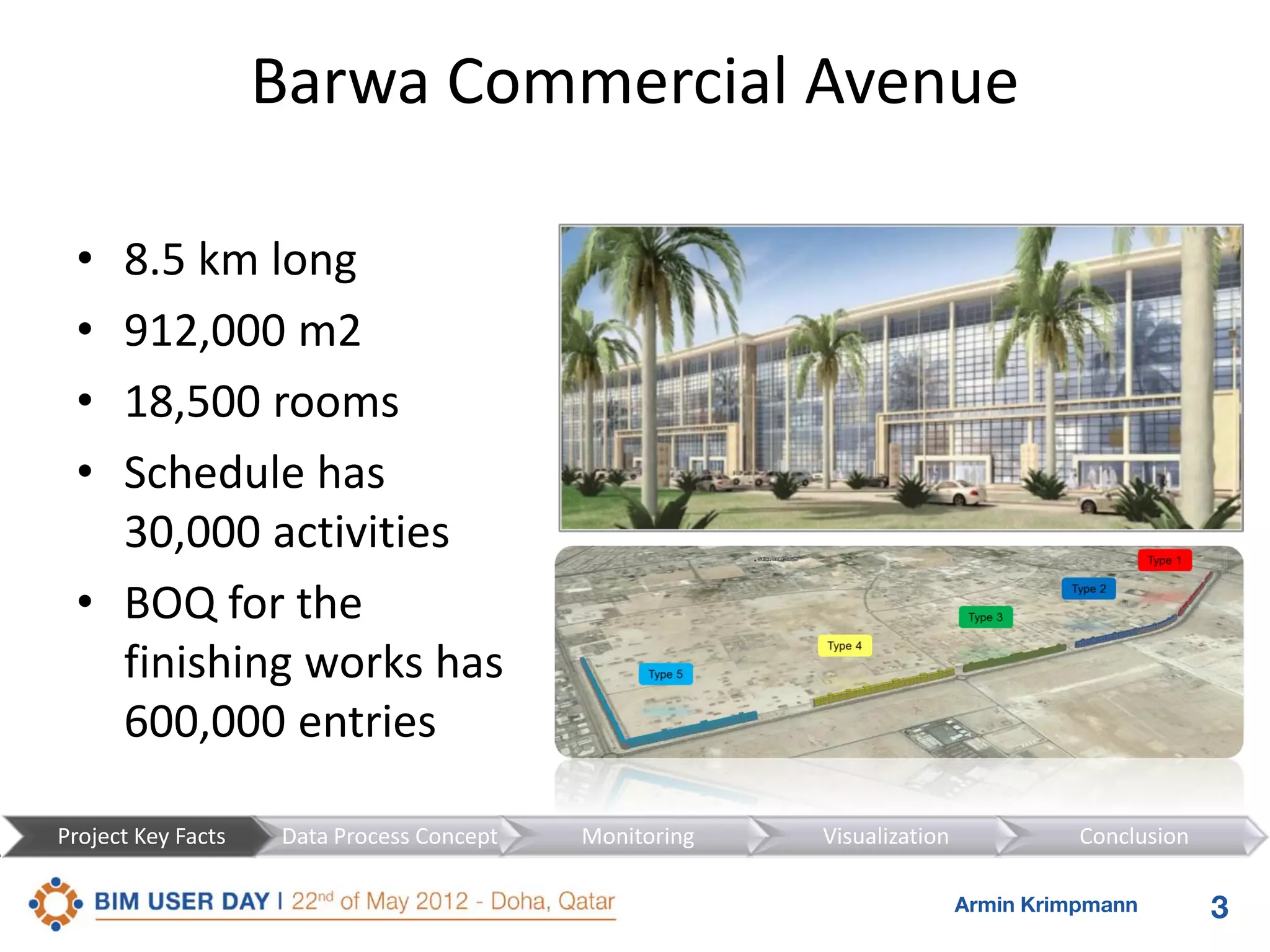 Barwa Commercial Avenue
8.5 km long
912,000 m2
18,500 rooms
Schedule has
30,000 activities
• BOQ for the
finishing works has
600,000 entries
•
•
•
•

Project Key Facts

Data Process Concept

Monitoring

Visualization

Conclusion
Armin Krimpmann

3

 