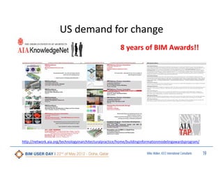 US demand for change
8 years of BIM Awards!!

http://network.aia.org/technologyinarchitecturalpractice/home/buildinginformationmodelingawardsprogram/
Miles Walker, KEO International Consultants

19

 