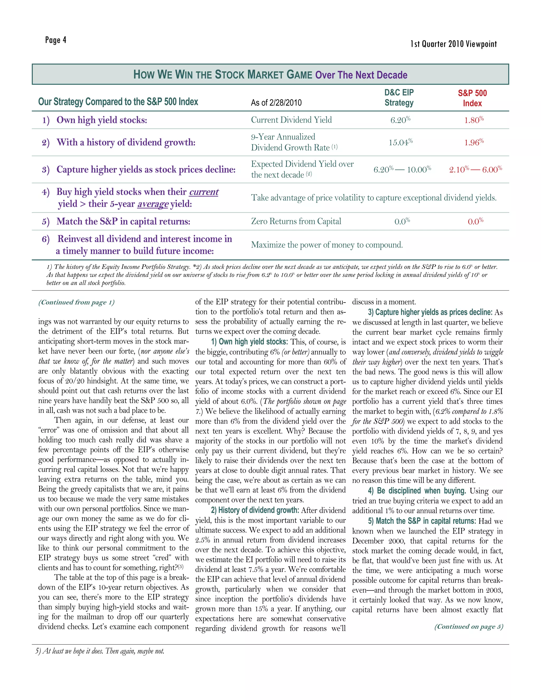 Page 4                                                                                                                                         1st Quarter 2010 Viewpoint

                                      HOW WE WIN THE STOCK MARKET GAME Over The Next Decade
                                                                                                                                        D&C EIP                      S&P 500
 Our Strategy Compared to the S&P 500 Index                                         As of 2/28/2010                                     Strategy                      Index
  1) Own high yield stocks:                                                         Current Dividend Yield                                 6.20%                       1.80%
                                                                                    9-Year Annualized
  2) With a history of dividend growth:                                             Dividend Growth Rate (1)
                                                                                                                                          15.04%                       1.96%

                                                                                    Expected Dividend Yield over
  3) Capture higher yields as stock prices decline:                                 the next decade (2)
                                                                                                                                    6.20% — 10.00%                2.10% — 6.00%

  4) Buy high yield stocks when their current
                                                                                    Take advantage of price volatility to capture exceptional dividend yields.
     yield > their 5-year average yield:
  5) Match the S&P in capital returns:                                              Zero Returns from Capital                               0.0%                         0.0%
  6) Reinvest all dividend and interest income in
                                                                                    Maximize the power of money to compound.
     a timely manner to build future income:
    1) The history of the Equity Income Portfolio Strategy. *2) As stock prices decline over the next decade as we anticipate, we expect yields on the S&P to rise to 6.0% or better.
    As that happens we expect the dividend yield on our universe of stocks to rise from 6.2% to 10.0% or better over the same period locking in annual dividend yields of 10% or
    better on an all stock portfolio.

 (Continued from page 1)                                      of the EIP strategy for their potential contribu-             discuss in a moment.
                                                              tion to the portfolio’s total return and then as-                   3) Capture higher yields as prices decline: As
 ings was not warranted by our equity returns to              sess the probability of actually earning the re-              we discussed at length in last quarter, we believe
 the detriment of the EIP’s total returns. But                turns we expect over the coming decade.                       the current bear market cycle remains firmly
 anticipating short-term moves in the stock mar-                    1) Own high yield stocks: This, of course, is           intact and we expect stock prices to worm their
 ket have never been our forte, (nor anyone else’s            the biggie, contributing 6% (or better) annually to           way lower (and conversely, dividend yields to wiggle
 that we know of, for the matter) and such moves              our total and accounting for more than 60% of                 their way higher) over the next ten years. That’s
 are only blatantly obvious with the exacting                 our total expected return over the next ten                   the bad news. The good news is this will allow
 focus of 20/20 hindsight. At the same time, we               years. At today’s prices, we can construct a port-            us to capture higher dividend yields until yields
 should point out that cash returns over the last             folio of income stocks with a current dividend                for the market reach or exceed 6%. Since our EI
 nine years have handily beat the S&P 500 so, all             yield of about 6.0%. (The portfolio shown on page             portfolio has a current yield that’s three times
 in all, cash was not such a bad place to be.                 7.) We believe the likelihood of actually earning             the market to begin with, (6.2% compared to 1.8%
       Then again, in our defense, at least our               more than 6% from the dividend yield over the                 for the S&P 500) we expect to add stocks to the
 “error” was one of omission and that about all               next ten years is excellent. Why? Because the                 portfolio with dividend yields of 7, 8, 9, and yes
 holding too much cash really did was shave a                 majority of the stocks in our portfolio will not              even 10% by the time the market’s dividend
 few percentage points off the EIP’s otherwise                only pay us their current dividend, but they’re               yield reaches 6%. How can we be so certain?
 good performance—as opposed to actually in-                  likely to raise their dividends over the next ten             Because that’s been the case at the bottom of
 curring real capital losses. Not that we’re happy            years at close to double digit annual rates. That             every previous bear market in history. We see
 leaving extra returns on the table, mind you.                being the case, we’re about as certain as we can              no reason this time will be any different.
 Being the greedy capitalists that we are, it pains           be that we’ll earn at least 6% from the dividend                    4) Be disciplined when buying. Using our
 us too because we made the very same mistakes                component over the next ten years.                            tried an true buying criteria we expect to add an
 with our own personal portfolios. Since we man-                    2) History of dividend growth: After dividend           additional 1% to our annual returns over time.
 age our own money the same as we do for cli-                 yield, this is the most important variable to our                   5) Match the S&P in capital returns: Had we
 ents using the EIP strategy we feel the error of             ultimate success. We expect to add an additional              known when we launched the EIP strategy in
 our ways directly and right along with you. We               2.5% in annual return from dividend increases                 December 2000, that capital returns for the
 like to think our personal commitment to the                 over the next decade. To achieve this objective,              stock market the coming decade would, in fact,
 EIP strategy buys us some street “cred” with                 we estimate the EI portfolio will need to raise its           be flat, that would’ve been just fine with us. At
 clients and has to count for something, right?(5)            dividend at least 7.5% a year. We’re comfortable              the time, we were anticipating a much worse
       The table at the top of this page is a break-          the EIP can achieve that level of annual dividend             possible outcome for capital returns than break-
 down of the EIP’s 10-year return objectives. As              growth, particularly when we consider that                    even—and through the market bottom in 2003,
 you can see, there’s more to the EIP strategy                since inception the portfolio’s dividends have                it certainly looked that way. As we now know,
 than simply buying high-yield stocks and wait-               grown more than 15% a year. If anything, our                  capital returns have been almost exactly flat
 ing for the mailman to drop off our quarterly                expectations here are somewhat conservative
 dividend checks. Let’s examine each component                regarding dividend growth for reasons we’ll                                                   (Continued on page 5)


5) At least we hope it does. Then again, maybe not.
 