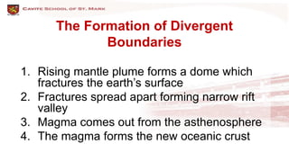 The Formation of Divergent
Boundaries
1. Rising mantle plume forms a dome which
fractures the earth’s surface
2. Fractures spread apart forming narrow rift
valley
3. Magma comes out from the asthenosphere
4. The magma forms the new oceanic crust
 