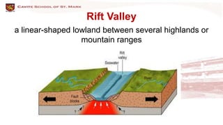 Rift Valley
a linear-shaped lowland between several highlands or
mountain ranges
 
