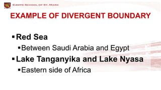 EXAMPLE OF DIVERGENT BOUNDARY
Red Sea
Between Saudi Arabia and Egypt
Lake Tanganyika and Lake Nyasa
Eastern side of Africa
 