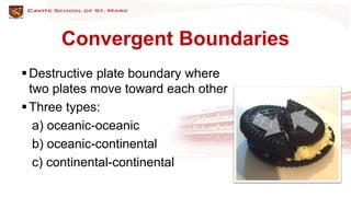 Convergent Boundaries
Destructive plate boundary where
two plates move toward each other
Three types:
a) oceanic-oceanic
b) oceanic-continental
c) continental-continental
 
