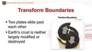 Transform Boundaries
 Two plates slide past
each other
 Earth’s crust is neither
largely modified or
destroyed
 