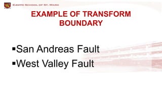 EXAMPLE OF TRANSFORM
BOUNDARY
San Andreas Fault
West Valley Fault
 