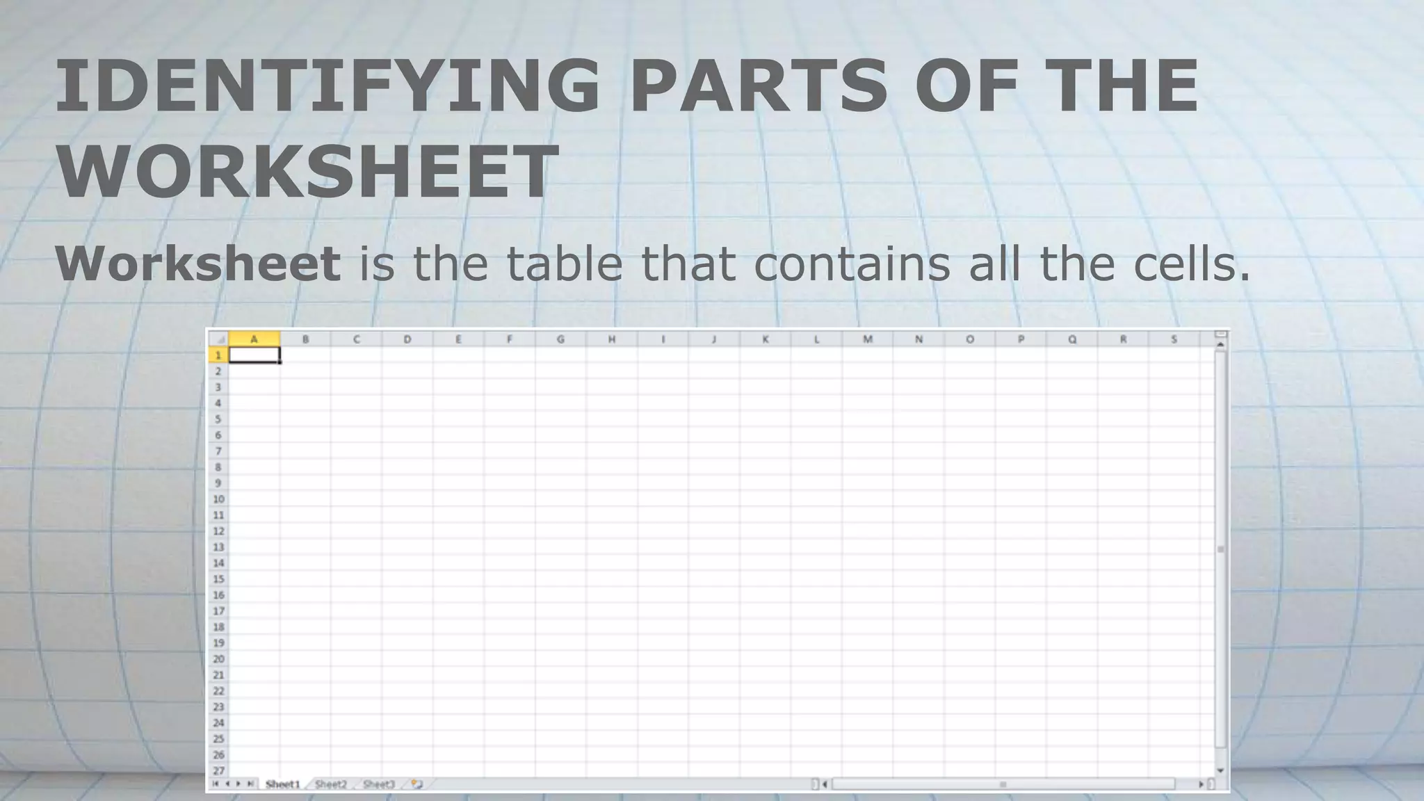 IDENTIFYING PARTS OF THE
WORKSHEET
Worksheet is the table that contains all the cells.
 