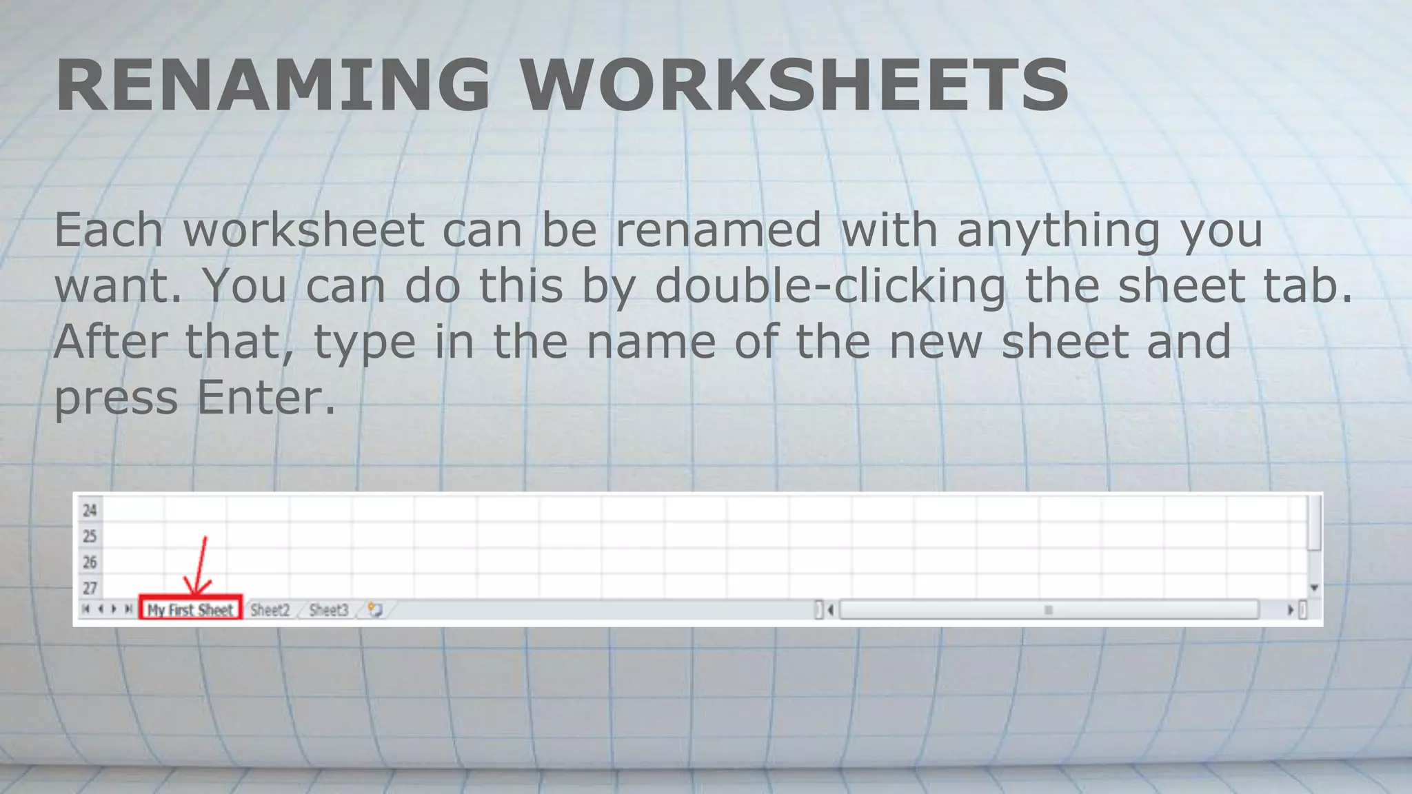 RENAMING WORKSHEETS
Each worksheet can be renamed with anything you
want. You can do this by double-clicking the sheet tab.
After that, type in the name of the new sheet and
press Enter.
 