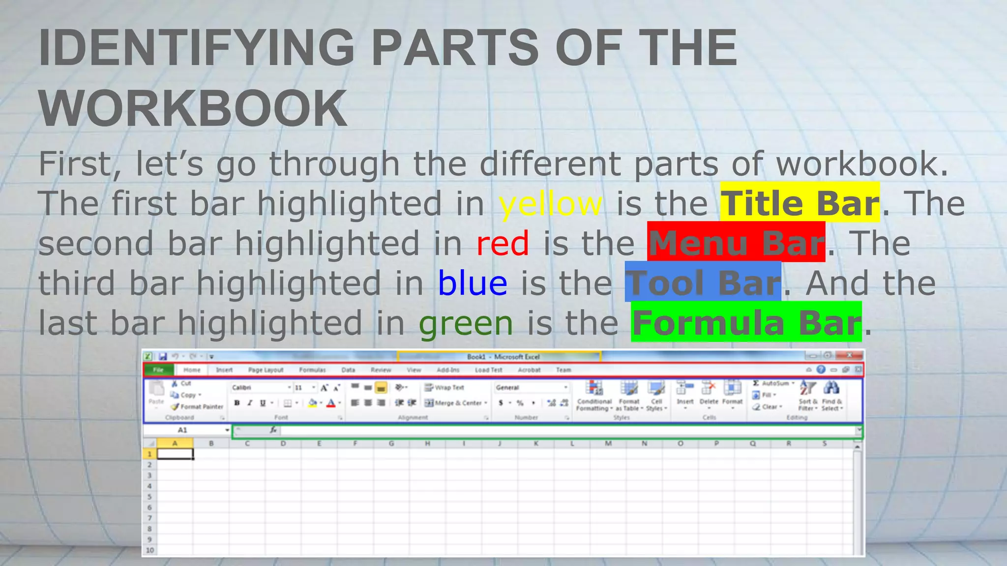 IDENTIFYING PARTS OF THE
WORKBOOK
First, let’s go through the different parts of workbook.
The first bar highlighted in yellow is the Title Bar. The
second bar highlighted in red is the Menu Bar. The
third bar highlighted in blue is the Tool Bar. And the
last bar highlighted in green is the Formula Bar.
 