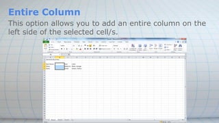 Entire Column
This option allows you to add an entire column on the
left side of the selected cell/s.
 