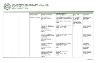 COLEGIO DE STA. ROSA DE LIMA, INC.
High School Department
School Year 2022 - 2023
Page 2 of 6
MEANING MAKING
Solves problems
involving fractions,
decimals, and percent.
Problem Solving about
Fractions
EXTEND YOUR
UNDERSTANDING
Page 7
Problem Solving about
Addition and Subtraction of
Fractions
EXTEND YOUR
UNDERSTANDING
Page 11
Problem Solving about
Multiplication and Division
of Fractions
EXTEND YOUR
UNDERSTANDING
Page 15
Problem Solving about
Decimals
EXTEND YOUR
UNDERSTANDING
Page 18
Problem Solving About
Operations on Decimals
EXTEND YOUR
UNDERSTANDING
Page 22
Changing Improper
Fractions into Mixed Numbers and
Vice Versa and Determining if the
given pairs are in simplest form and
equivalent
THINK ABOUT THIS (A and B)
Page 6
Adding and Subtracting Fractions
to finish a given Maze
THINK ABOUT THIS
Page 10
Multiplying and Dividing Fractions
THINK ABOUT THIS
Page 14
Converting Fractions to Decimal
Notation and Vice Versa
THINK ABOUT THIS
Page 17
Performing Operations on
Decimals
THINK ABOUT THIS
Page 21
Lopez, B. R.,
Martin-Lundag,
L. C., Dagal, K.
A., & Garces, I. j.
(2016). Business
Math. Araneta
Avenue, Quezon
City: Vibal Group
Inc.
Foster quality
education that
balances between
Sciences and
Humanities.
Institute rationality
towards academic
excellence.
Institute rationality
towards academic
excellence.
Foster quality
education that
balances between
Sciences and
Humanities.
Institute rationality
towards academic
excellence.
 
