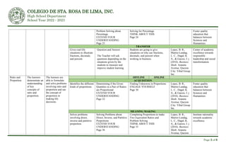 COLEGIO DE STA. ROSA DE LIMA, INC.
High School Department
School Year 2022 - 2023
Page 3 of 6
Problem Solving about
Percentage
EXTEND YOUR
UNDERSTANDING
Page 25
Solving for Percentage
THINK ABOUT THIS
Page 24
Foster quality
education that
balances between
Sciences and
Humanities.
TRANSFER
Gives real-life
situations to illustrate
fractions, decimals,
and percent.
Question and Answer
The Teacher will ask
questions depending on the
situations given by the
students to measure and
improve student learning.
Students are going to give
situations on why use fractions,
decimals, and percent when
working in business.
Lopez, B. R.,
Martin-Lundag,
L. C., Dagal, K.
A., & Garces, I. j.
(2016). Business
Math. Araneta
Avenue, Quezon
City: Vibal Group
Inc.
Center of academic
excellence towards
responsible
leadership and social
transformation.
Ratio and
Proportion
The learners
demonstrate an
understanding
of key
concepts of
ratio and
proportion.
The learners are
able to formulate
and solve problems
involving ratio and
proportion and use
the concept of
proportion in
making life
decisions.
OFFLINE ONLINE
ACQUISITION
Identifies the different
kinds of proportions.
Determining if the Given
Quantites in a Pair of Ratios
are Proportional
EXTEND YOUR
UNDERSTANDING
Page 32
Finding Unknowns in Proportions
ENGAGE YOURSELF
Page 30
Lopez, B. R.,
Martin-Lundag,
L. C., Dagal, K.
A., & Garces, I. j.
(2016). Business
Math. Araneta
Avenue, Quezon
City: Vibal Group
Inc.
Foster quality
education that
balances between
Sciences and
Humanities.
MEANING MAKING
Solves problems
involving direct,
inverse and partitive
proportion.
Solving Problems about
Direct, Inverse, and Partitive
Proportions
EXTEND YOUR
UNDERSTANDING
Page 36
Completing Proportions to make
Two Equivalent Ratios and
Problem Solving
THINK ABOUT THIS
Page 35
Lopez, B. R.,
Martin-Lundag,
L. C., Dagal, K.
A., & Garces, I. j.
(2016). Business
Math. Araneta
Avenue, Quezon
Institute rationality
towards academic
excellence.
 