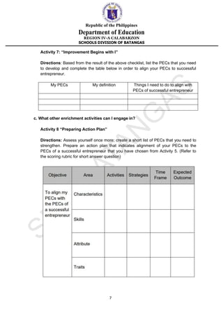 Republic of the Philippines
Department of Education
REGION IV-A CALABARZON
SCHOOLS DIVISION OF BATANGAS
7
Activity 7: “Improvement Begins with I”
Directions: Based from the result of the above checklist, list the PECs that you need
to develop and complete the table below in order to align your PECs to successful
entrepreneur.
My PECs My definition Things I need to do to align with
PECs of successful entrepreneur
c. What other enrichment activities can I engage in?
Activity 8 “Preparing Action Plan”
Directions: Assess yourself once more; create a short list of PECs that you need to
strengthen. Prepare an action plan that indicates alignment of your PECs to the
PECs of a successful entrepreneur that you have chosen from Activity 5. (Refer to
the scoring rubric for short answer question)
 