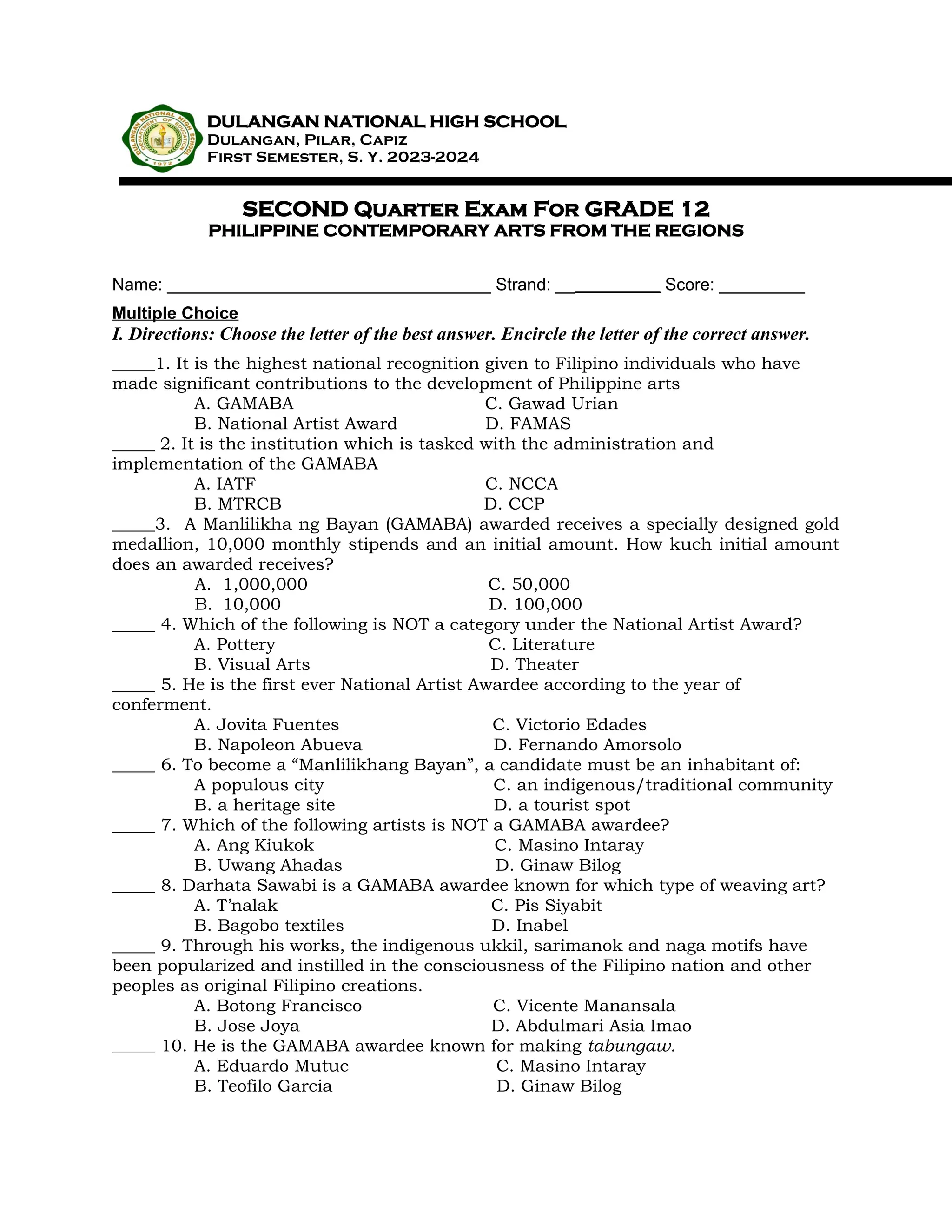 First Inabel Philippine Contemporary Arts from The Regions Exam | DOCX