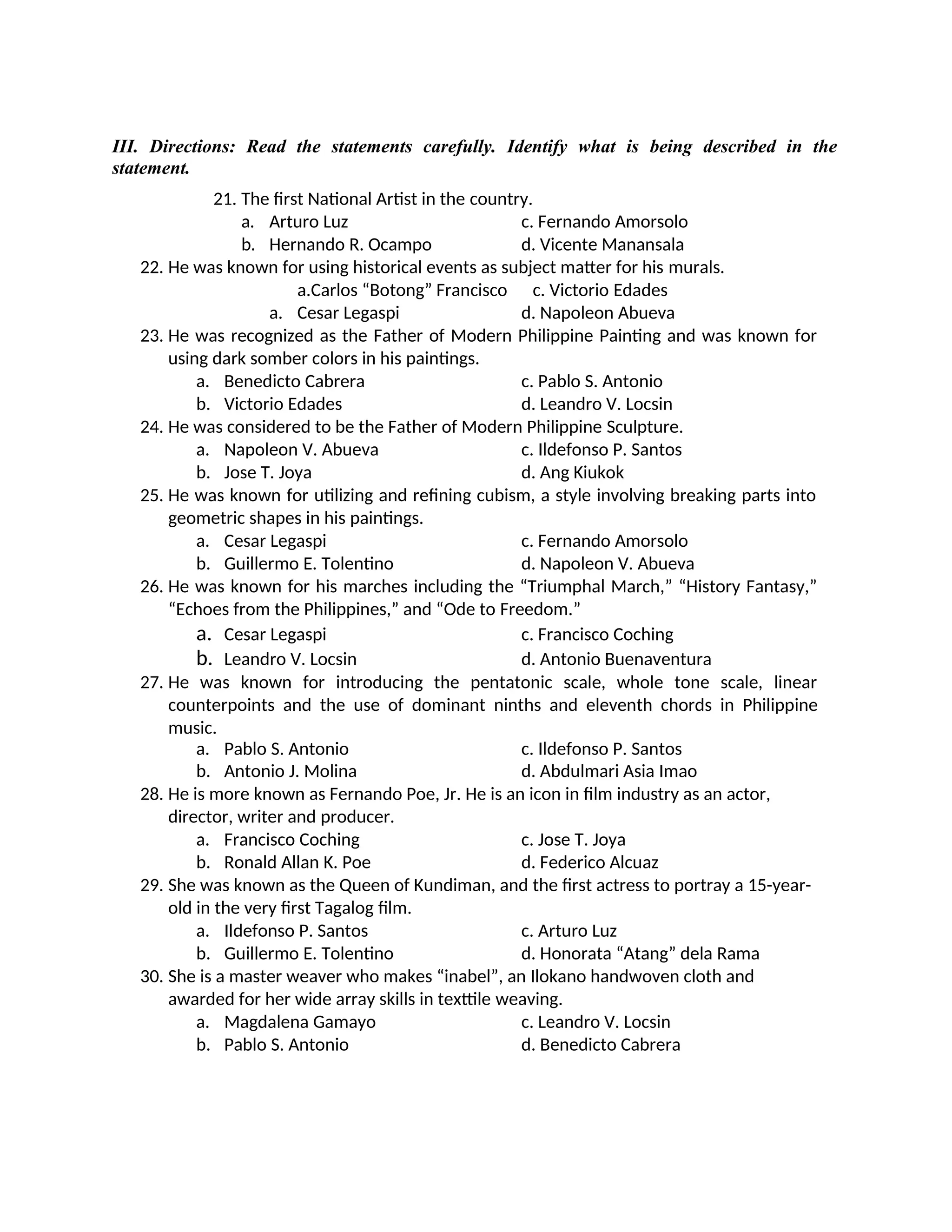 First Inabel Philippine Contemporary Arts from The Regions Exam | DOCX