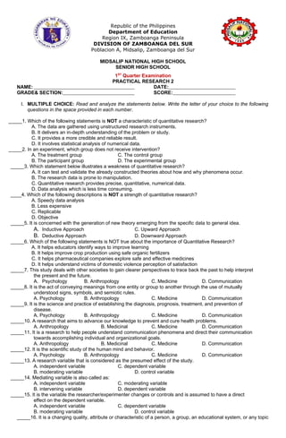 1st Quarter Exam for Practical Research 2 | DOCX