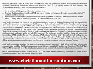 Christian Authors on Tour (CAOT) has been blessed to work with over 90 Christian authors (fiction and non-fiction) from
ac...