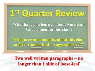 What have you learned about American
Government in this class?
What are your thoughts about this class
so far? Good – Bad – Suggestions ????

Two well written paragraphs – no
longer than 1 side of loose-leaf

 