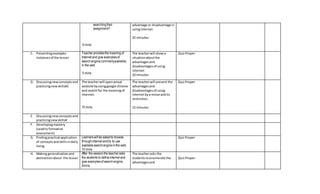 searchingtheir
assignment?
5 mins
advantage or disadvantage in
usinginternet.
25 minutes
C. Presentingexamples
instancesof the lesson
Teacherprovidesthemeaningof
Internet and give examplesof
searchenginecommonlyavailable
in the web
5 mins
The teacherwill showa
situationaboutthe
advantagesand
disadvantagesof using
internet
10 minutes
QuizProper
D. Discussingnewconceptsand
practicingnewskills#1
The teacherwill openactual
website byusinggoogle chrome
and searchfor the meaningof
internet.
10 mins
The teacherwill presentthe
advantagesand
disadvantagesof using
internetbya minorandits
restriction.
15 minutes
QuizProper
E. Discussingnewconceptsand
practicingnewskills#
F. Developingmastery
(Leadto formative
assessment)
G. Findingpractical application
of conceptsandskillsindaily
living.
Learnerswillbe askedto browse
throughinternet andtry to use
availablesearchengineinthe web.
10 mins
QuizProper
H. Making generalizationand
abstractionabout the lesson
After the sessionthe teacherasks
the students to defineinternet and
give examplesof searchengine.
5mins
The teacherasks the
studentstoenumerate the
advantagesand
QuizProper
 