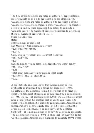 The key strength factors are rated as either a 4, representing a
major strength or as a 3 to represent a minor strength. The
weakness factors are rated as either a 1 to represent a strong
weakness or as a 2 to represent a minor weakness. The weights
are multiplied by their corresponding ratios to compute a
weighted score. The weighted scores are summed to determine
the total weighted score which is 3.1.
Financial Analysis
Ratio
2018 (amount in millions)
Net Margin = Net income/sales *100
=2,371/135,987*100%
=1.74%
Current ratio = current assets/current liabilities
=60,197/57,883
=1.04
Debt to Equity = long term liabilities/shareholders’ equity
=45,718/27,709
=1.65
Total asset turnover= sales/average total assets
=135,987/(131,310+162,648)/2
=0.92
A profitability analysis shows that Amazon.com is less
profitable as evidenced by a lower net margin of 1.74%.
Nonetheless, the company is in a better position to meet its
short term financial obligations as evidenced by a current ratio
of 1.04. Block, Hirt and Danielsen (2011) indicate that a current
ratio of more than 1.0 implies that an entity can finance its
short term obligations by using its current assets. Amazon.com
Incorporation’s debt to equity level of 1.65 implies that the
organization is insolvent. The company can be declared
bankrupt if it is not in a position to pay its debt using its assets.
The asset turnover ratio of 0.92 implies that for every $1 dollar
worth of assets, Amazon only managed to generate $0.92 worth
 