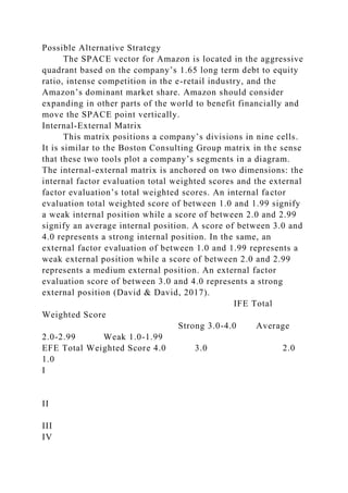 Possible Alternative Strategy
The SPACE vector for Amazon is located in the aggressive
quadrant based on the company’s 1.65 long term debt to equity
ratio, intense competition in the e-retail industry, and the
Amazon’s dominant market share. Amazon should consider
expanding in other parts of the world to benefit financially and
move the SPACE point vertically.
Internal-External Matrix
This matrix positions a company’s divisions in nine cells.
It is similar to the Boston Consulting Group matrix in the sense
that these two tools plot a company’s segments in a diagram.
The internal-external matrix is anchored on two dimensions: the
internal factor evaluation total weighted scores and the external
factor evaluation’s total weighted scores. An internal factor
evaluation total weighted score of between 1.0 and 1.99 signify
a weak internal position while a score of between 2.0 and 2.99
signify an average internal position. A score of between 3.0 and
4.0 represents a strong internal position. In the same, an
external factor evaluation of between 1.0 and 1.99 represents a
weak external position while a score of between 2.0 and 2.99
represents a medium external position. An external factor
evaluation score of between 3.0 and 4.0 represents a strong
external position (David & David, 2017).
IFE Total
Weighted Score
Strong 3.0-4.0 Average
2.0-2.99 Weak 1.0-1.99
EFE Total Weighted Score 4.0 3.0 2.0
1.0
I
II
III
IV
 