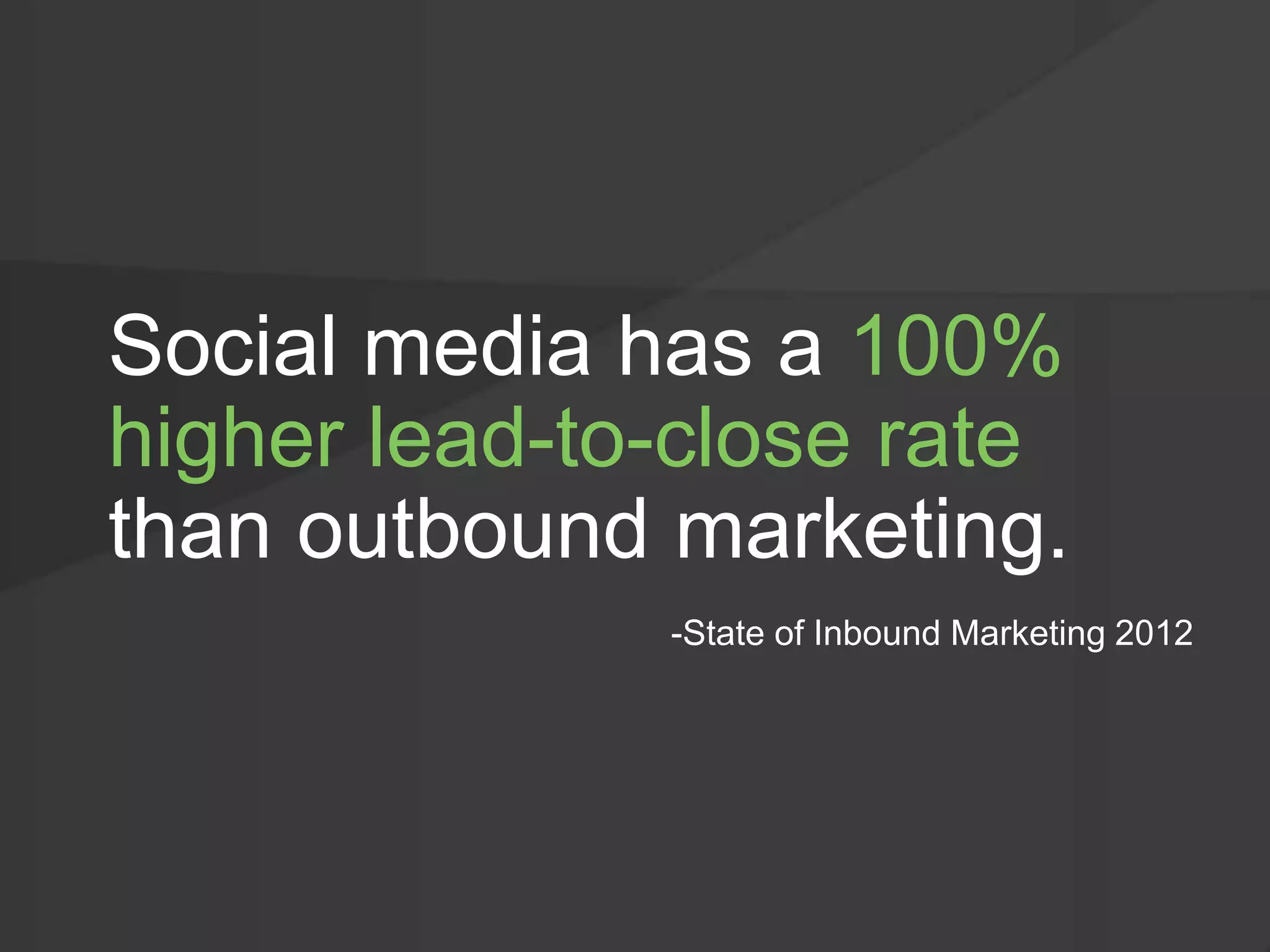 Social media has a 100%
higher lead-to-close rate
than outbound marketing.
-State of Inbound Marketing 2012
 