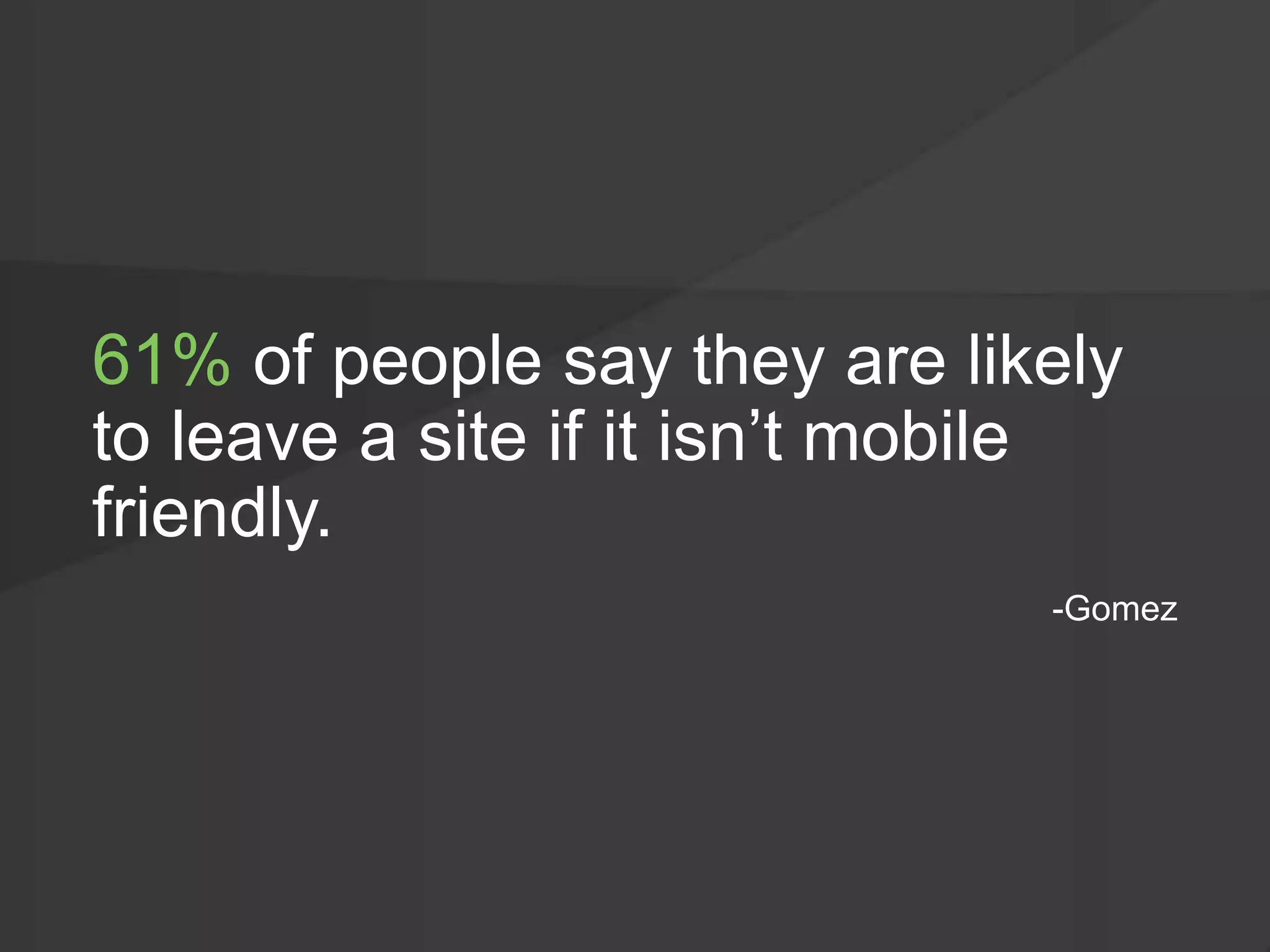 61% of people say they are likely
to leave a site if it isn’t mobile
friendly.
-Gomez
 