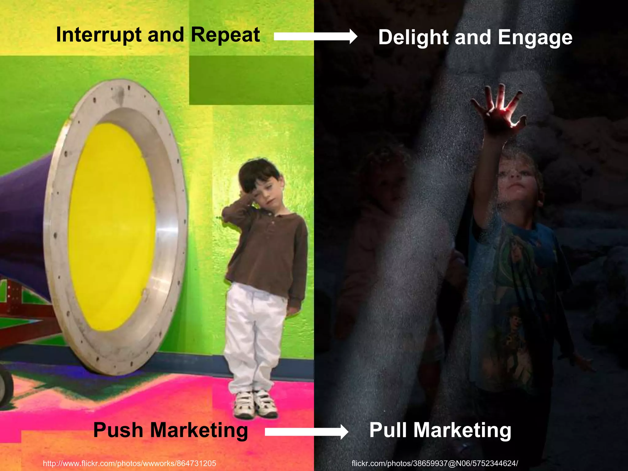 http://www.flickr.com/photos/wwworks/864731205
Interrupt and Repeat
Push Marketing
flickr.com/photos/38659937@N06/5752344624/
Delight and Engage
Pull Marketing
 