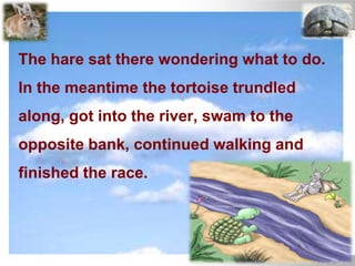 The hare sat there wondering what to do.
In the meantime the tortoise trundled
along, got into the river, swam to the
opposite bank, continued walking and
finished the race.
 