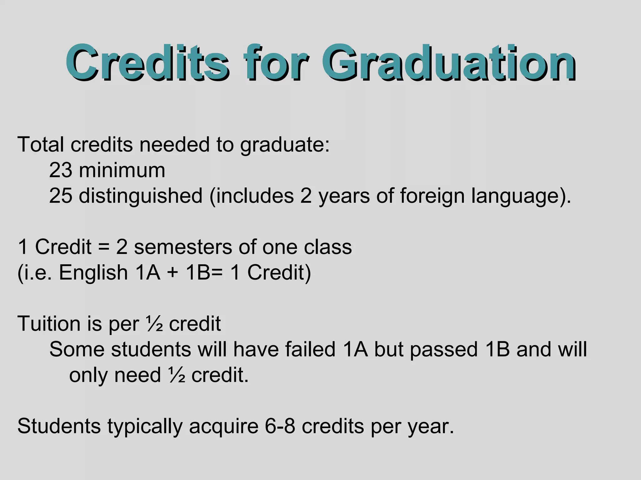 Credits for Graduation
Total credits needed to graduate:
23 minimum
25 distinguished (includes 2 years of foreign language).
1 Credit = 2 semesters of one class
(i.e. English 1A + 1B= 1 Credit)
Tuition is per ½ credit
Some students will have failed 1A but passed 1B and will
only need ½ credit.
Students typically acquire 6-8 credits per year.

 