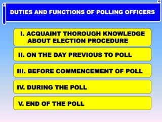 I. ACQUAINT THOROUGH KNOWLEDGE
ABOUT ELECTION PROCEDURE
II. ON THE DAY PREVIOUS TO POLL
III. BEFORE COMMENCEMENT OF POLL
IV. DURING THE POLL
V. END OF THE POLL
DUTIES AND FUNCTIONS OF POLLING OFFICERS
 