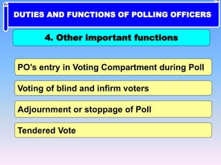 PO’s entry in Voting Compartment during Poll
Voting of blind and infirm voters
Adjournment or stoppage of Poll
Tendered Vote
4. Other important functions
DUTIES AND FUNCTIONS OF POLLING OFFICERS
 
