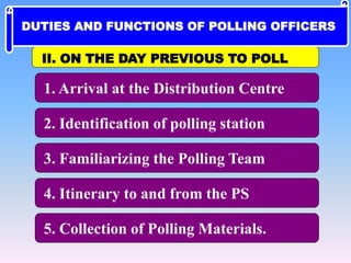1. Arrival at the Distribution Centre
2. Identification of polling station
3. Familiarizing the Polling Team
4. Itinerary to and from the PS
5. Collection of Polling Materials.
II. ON THE DAY PREVIOUS TO POLL
DUTIES AND FUNCTIONS OF POLLING OFFICERS
 
