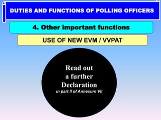 USE OF NEW EVM / VVPAT
Read out
a further
Declaration
in part II of Annexure VII
4. Other important functions
DUTIES AND FUNCTIONS OF POLLING OFFICERS
 