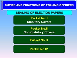 Packet No. I
Statutory Covers
Packet No.II
Non-Statutory Covers
Packet No.III
Packet No.IV.
SEALING OF ELECTION PAPERS
DUTIES AND FUNCTIONS OF POLLING OFFICERS
 
