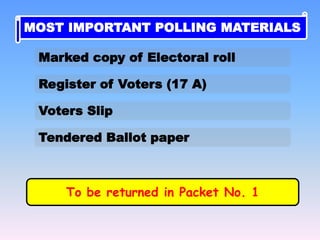 Marked copy of Electoral roll
Register of Voters (17 A)
Voters Slip
Tendered Ballot paper
MOST IMPORTANT POLLING MATERIALS
To be returned in Packet No. 1
 