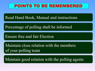 POINTS TO BE REMEMBERED
Read Hand Book, Manual and instructions
Percentage of polling shall be informed
Ensure free and fair Election
Maintain close relation with the members
of your polling team
Maintain good relation with the polling agents
 