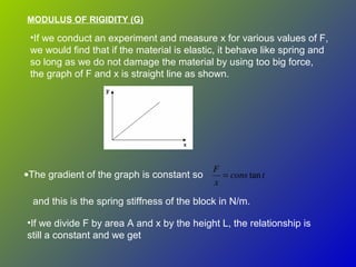 •If we conduct an experiment and measure x for various values of F,
we would find that if the material is elastic, it behave like spring and
so long as we do not damage the material by using too big force,
the graph of F and x is straight line as shown.
MODULUS OF RIGIDITY (G)
•The gradient of the graph is constant so tcons
x
F
tan=
and this is the spring stiffness of the block in N/m.
•If we divide F by area A and x by the height L, the relationship is
still a constant and we get
 