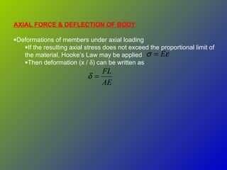 AXIAL FORCE & DEFLECTION OF BODY
•Deformations of members under axial loading
•If the resulting axial stress does not exceed the proportional limit of
the material, Hooke’s Law may be applied
•Then deformation (x / δ) can be written as
AE
FL
=δ
εσ E=
 