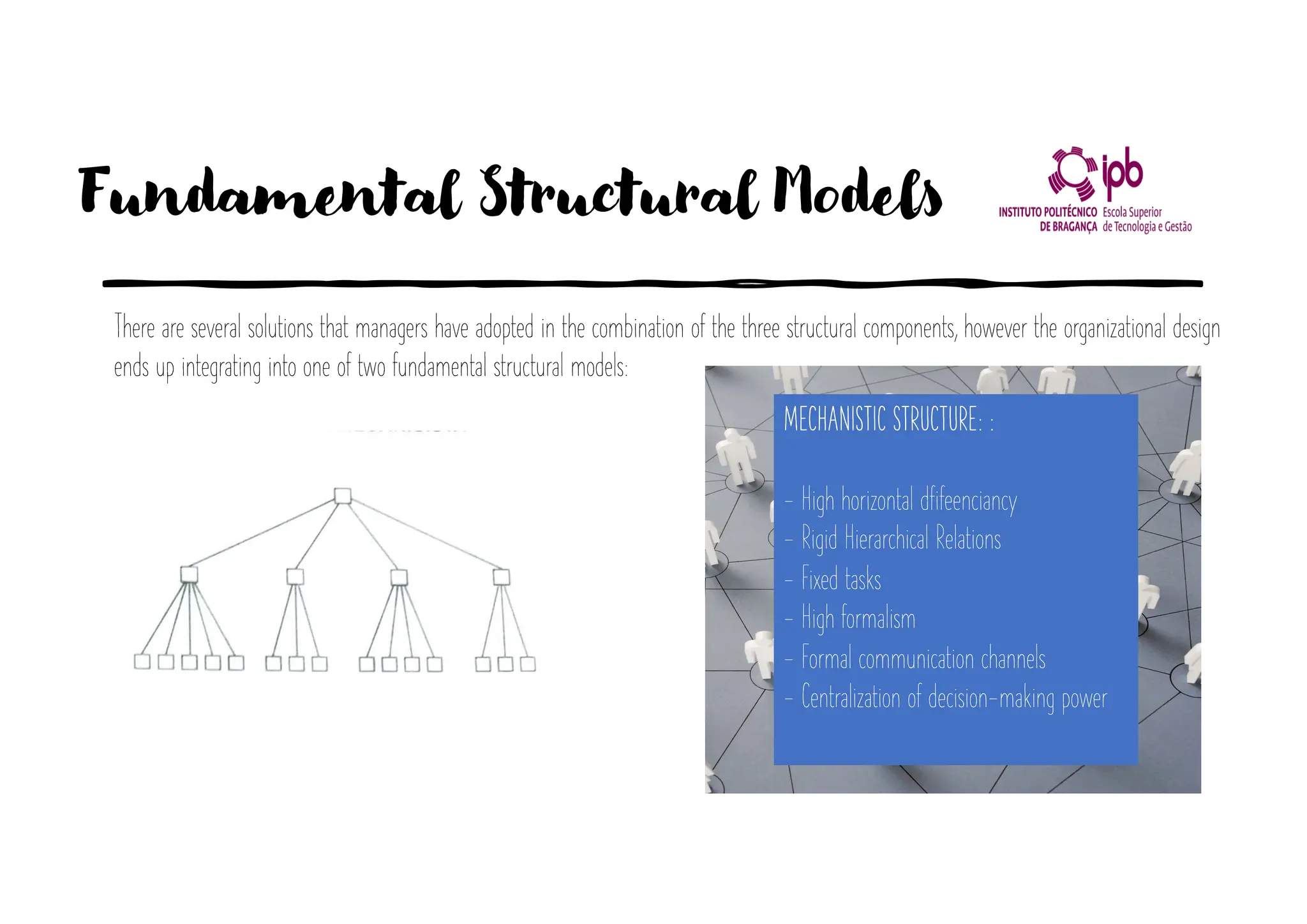 Fundamental Structural Models
12 HUMANATOR
Figura 8.1 Modelos Estruturais
ESTRUTURA MECANICISTA ESTRUTURA ORGANICA
Baixa diferenciação horizontal
Cooperação (na vertical e horizontal)
Alta diferenciação horizontal
Relações hierárquicas rigidas
Tarefas fixas Tarefas flexíveis
Alto formalismo Baixo formalismo
Canais de comunicaçãoformais Comunicação informal
.Centralização do poder de decisão Descentralização do poder de decisão
There are several solutions that managers have adopted in the combination of the three structural components, however the organizational design
ends up integrating into one of two fundamental structural models:
MECHANISTIC STRUCTURE: :
- High horizontal dfifeenciancy
- Rigid Hierarchical Relations
- Fixed tasks
- High formalism
- Formal communication channels
- Centralization of decision-making power
 