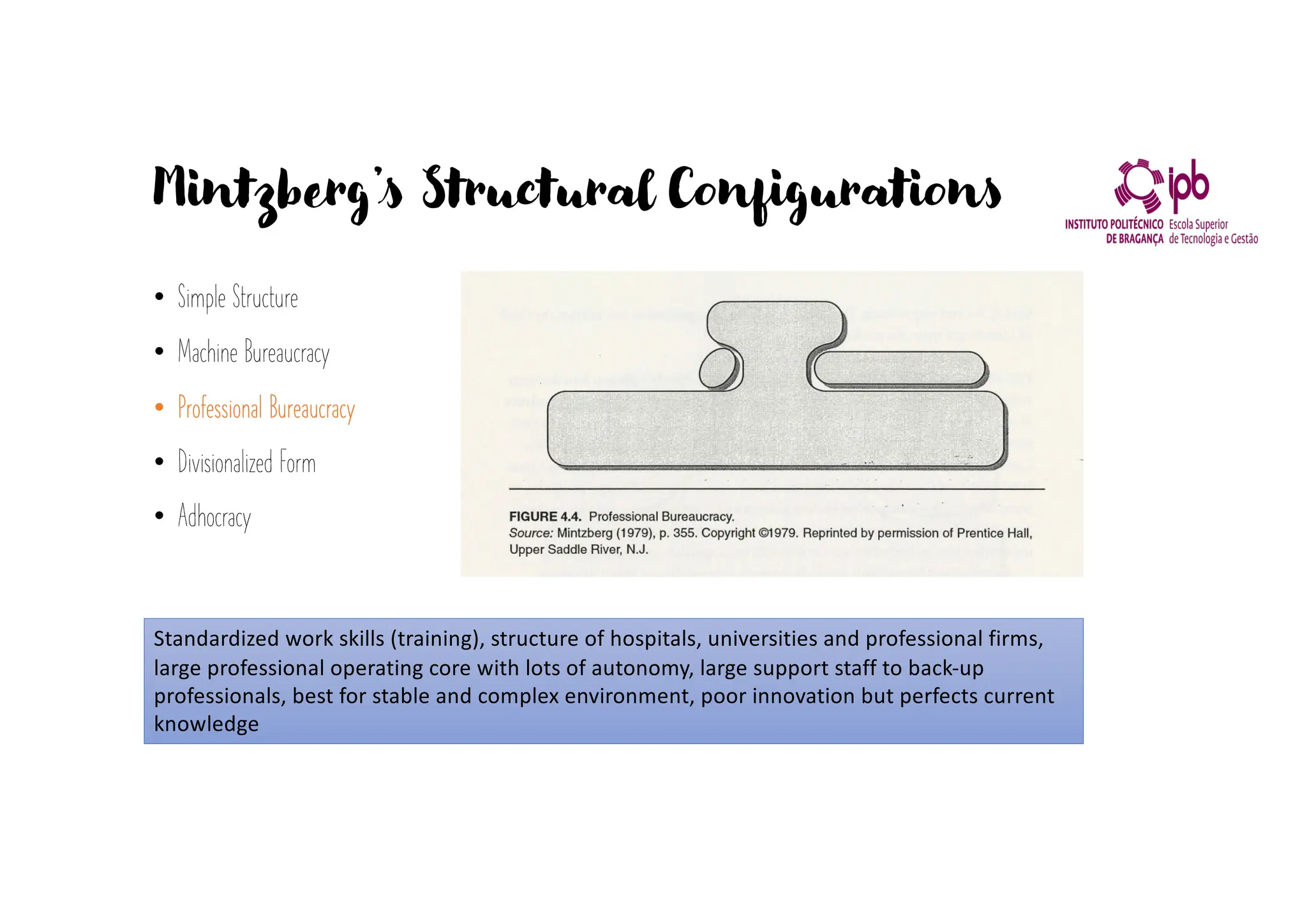 Mintzberg’s Structural Configurations
• Simple Structure
• Machine Bureaucracy
• Professional Bureaucracy
• Divisionalized Form
• Adhocracy
Standardized work skills (training), structure of hospitals, universities and professional firms,
large professional operating core with lots of autonomy, large support staff to back-up
professionals, best for stable and complex environment, poor innovation but perfects current
knowledge
 