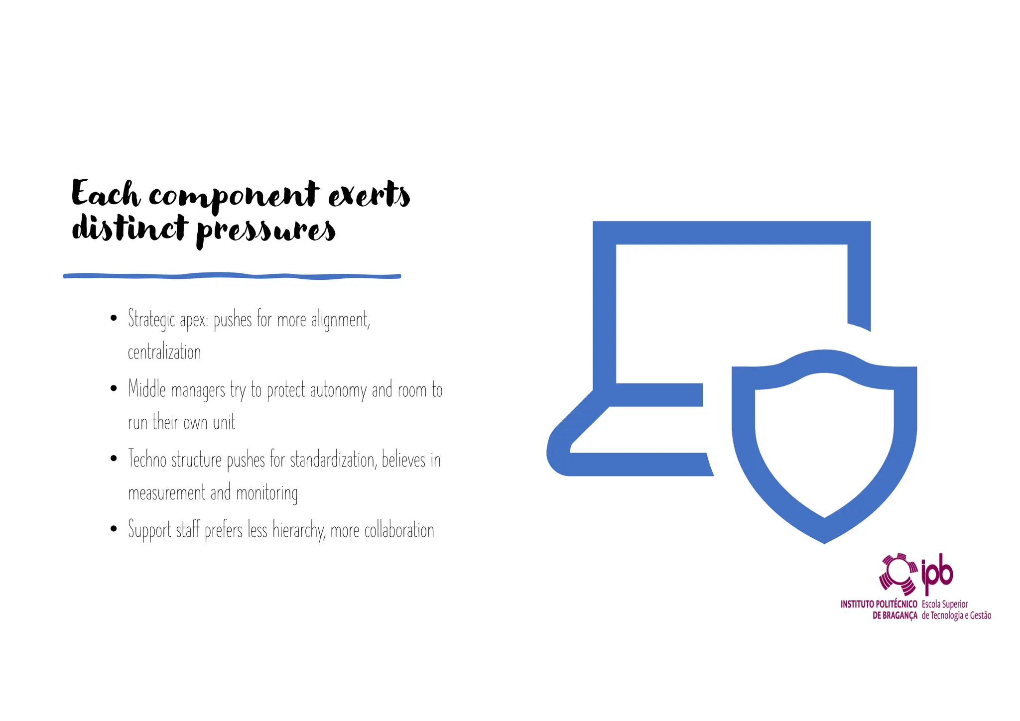 Each component exerts
distinct pressures
• Strategic apex: pushes for more alignment,
centralization
• Middle managers try to protect autonomy and room to
run their own unit
• Techno structure pushes for standardization, believes in
measurement and monitoring
• Support staff prefers less hierarchy, more collaboration
 
