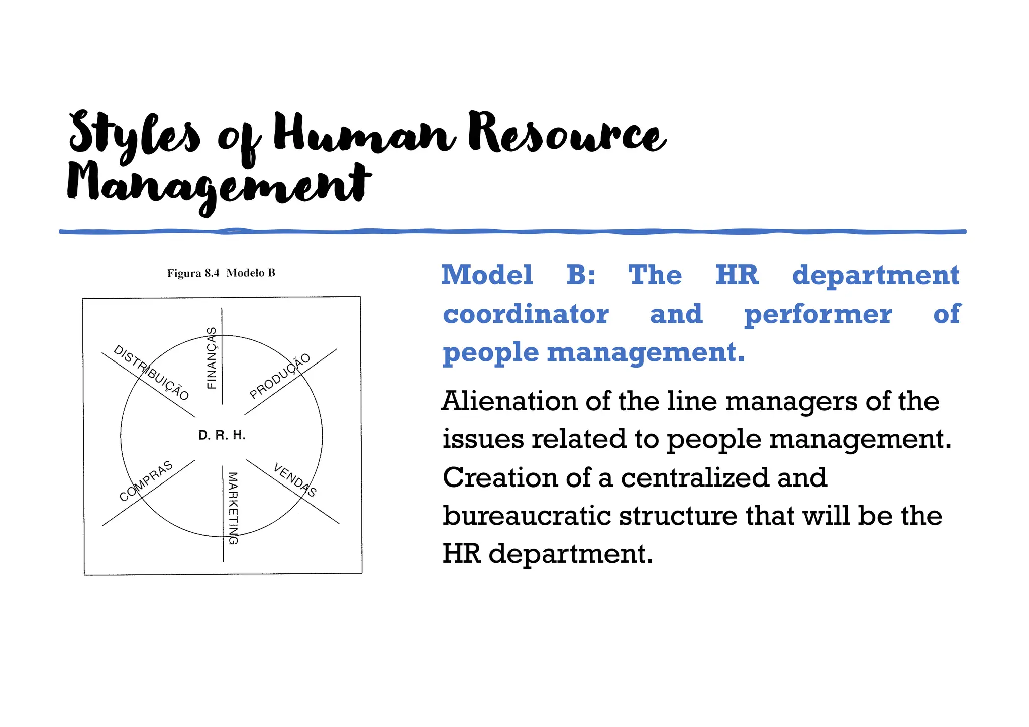 Styles of Human Resource
Management
Model B: The HR department
coordinator and performer of
people management.
Alienation of the line managers of the
issues related to people management.
Creation of a centralized and
bureaucratic structure that will be the
HR department.
 