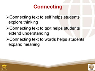 11
Connecting text to self helps students
explore thinking
Connecting text to text helps students
extend understanding
Connecting text to words helps students
expand meaning
Connecting
 