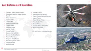 6
© 2022 Leonardo - Società per azioni
Company Internal
• Polizia di Stato (Italian Police)
• Guardia di Finanza (Italian Border
Guard)
• Italian Carabinieri
• Cyprus Police
• Cyprus MoD
• Politie (Dutch Police)
• Croatia Police
• Estonian Police
• Irish Air Corps
• Kenya Police
• Carabineros de Chile
• Brasilian Federal Police
• Panama Police
• Maryland State Police
• New Jersey State Police
• Zhejiang Police
• Beijing Police
• Yunnan Police
• Nanning Public Security
• Tianjin Public Security Bureau
• Japan Police
• Royal Oman Police
• Abu Dhabi Police
• Dubai Police
• Victoria Police (Starflight)
• Malaysian Police
and Many Others Worldwide Operators
Law Enforcement Operators
 