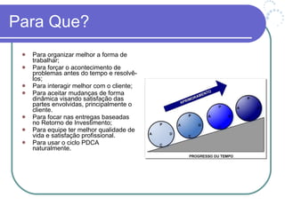 Para Que? Para organizar melhor a forma de trabalhar; Para forçar o acontecimento de problemas antes do tempo e resolvê-los; Para interagir melhor com o cliente; Para aceitar mudanças de forma dinâmica visando satisfação das partes envolvidas, principalmente o cliente. Para focar nas entregas baseadas no Retorno de Investimento; Para equipe ter melhor qualidade de vida e satisfação profissional. Para usar o ciclo PDCA naturalmente. 