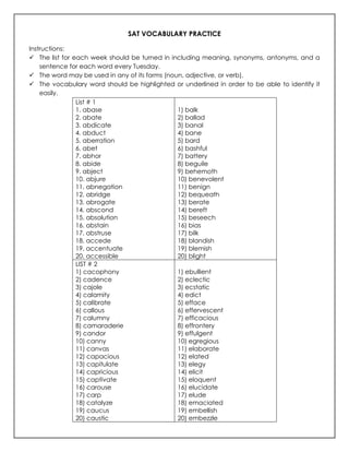 SAT VOCABULARY PRACTICE 
Instructions: 
 The list for each week should be turned in including meaning, synonyms, antonyms, and a sentence for each word every Tuesday. 
 The word may be used in any of its forms (noun, adjective, or verb). 
 The vocabulary word should be highlighted or underlined in order to be able to identify it easily. 
List # 1 
1. abase 
2. abate 
3. abdicate 
4. abduct 
5. aberration 
6. abet 
7. abhor 
8. abide 
9. abject 
10. abjure 
11. abnegation 
12. abridge 
13. abrogate 
14. abscond 
15. absolution 
16. abstain 
17. abstruse 
18. accede 
19. accentuate 
20. accessible 
1) balk 
2) ballad 
3) banal 
4) bane 
5) bard 
6) bashful 
7) battery 
8) beguile 
9) behemoth 
10) benevolent 
11) benign 
12) bequeath 
13) berate 
14) bereft 
15) beseech 
16) bias 
17) bilk 
18) blandish 
19) blemish 
20) blight 
LIST # 2 
1) cacophony 
2) cadence 
3) cajole 
4) calamity 
5) calibrate 
6) callous 
7) calumny 
8) camaraderie 
9) candor 
10) canny 
11) canvas 
12) capacious 
13) capitulate 
14) capricious 
15) captivate 
16) carouse 
17) carp 
18) catalyze 
19) caucus 
20) caustic 
1) ebullient 
2) eclectic 
3) ecstatic 
4) edict 
5) efface 
6) effervescent 
7) efficacious 
8) effrontery 
9) effulgent 
10) egregious 
11) elaborate 
12) elated 
13) elegy 
14) elicit 
15) eloquent 
16) elucidate 
17) elude 
18) emaciated 
19) embellish 
20) embezzle  