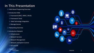 In This Presentation
 Web Based Programing Overview
 Introduction Web
 Framework (MVC, HMVC, CRUD)
 Framework Trend
 Web Technology Integration
 Manage Service
 Networking Overview
 Introduction Network
 Infrastructure
 Network Services
 Network Management
 Network and System Control
 IOT and IOE
 Conclusion
7/25/2018Alumni-IPDC 2
 