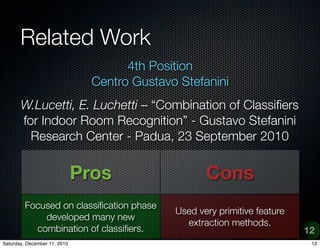 Related Work
                                      4th Position
                                Centro Gustavo Stefanini
       W.Lucetti, E. Luchetti C Combination of Classi?ers
       for Indoor Room Recognition - Gustavo Stefanini
         Research Center - Padua, 23 September 2010


                              Pros                   Cons
         Focused on classi?cation phase
                                              Used very primitive feature
             developed many new
                                                extraction methods.
           combination of classi?ers.                                       12
Saturday, December 11, 2010                                                  12
 