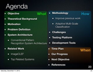 Agenda
         Objective                  What        Methodology                How
         Theoretical Background                    Improve previous work

         Motivation                                Adaptive Multi-Scale
                                                   Classi?cation
         Problem De?nition
                                                Challenges
         System Architecture
                                                Testing Platform
              Conventional Pattern
              Recognition System Architecture   Development Tools

         Related Work                           Time Plan
                                                                          When
              ImageCLEF                         Our Progress

              Top Related Systems               Next Objective

                                                References
                                                                             20
Saturday, December 11, 2010                                                      20
 