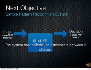 Next Objective
       Simple Pattern Recognition System



  Image                                      Decision
 ImageCLEF                                    ( Class 1 Or
  Data Set                                      Class 2 )
                      Simple PR
     The system has theSystem to differentiate between 2
                        ability
                              classes.



                                                             23
Saturday, December 11, 2010                                   23
 